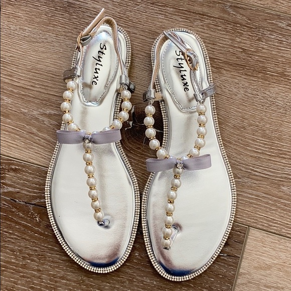 Silver T-Strap Pearl Flat Sandals - Picture 1 of 3